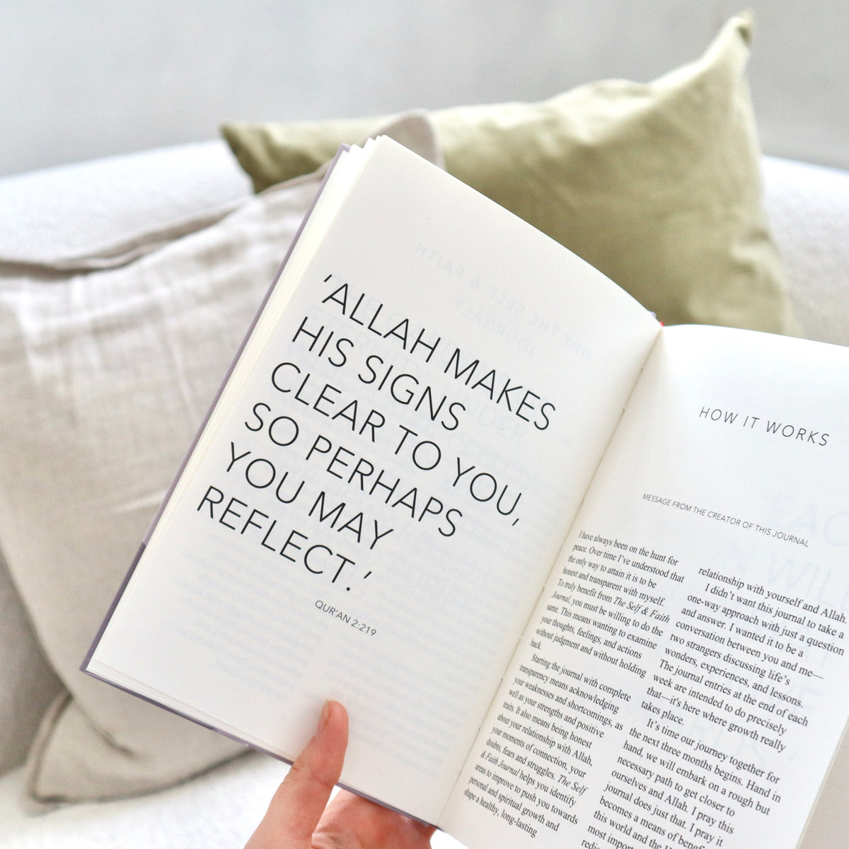 The Self and Faith Journal Pistachio open to Quranic verse and how it works guide - Islamic self-reflection journal lifestyle shot #color_pistachio