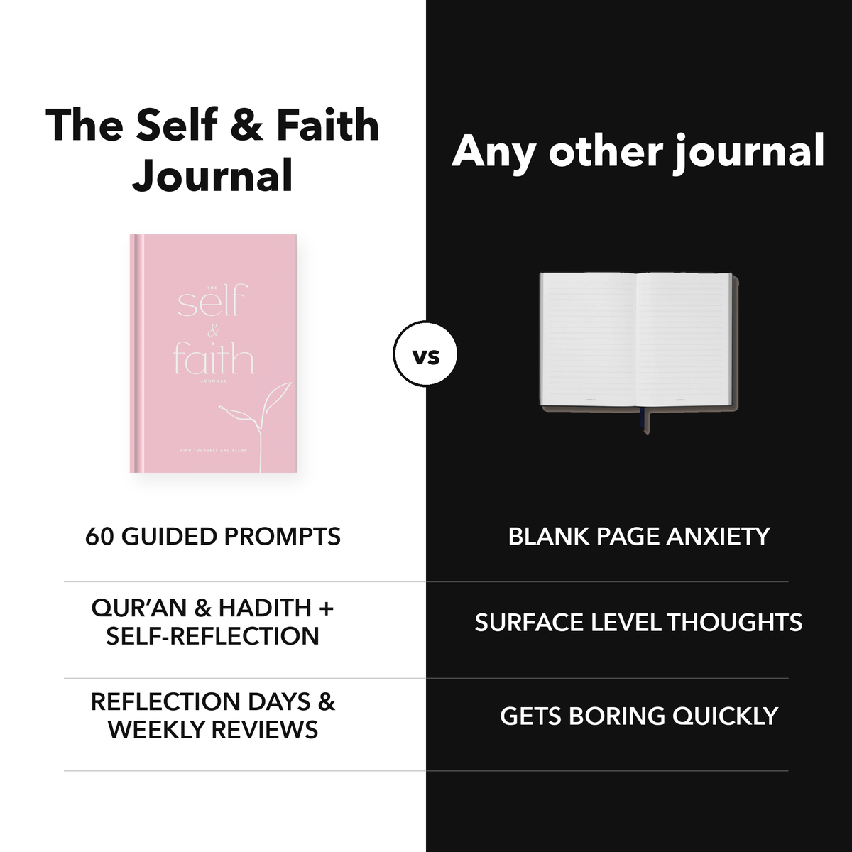 The Self and Faith Journal Blush Pink compared with a blank journal - 60 guided prompts, Qur'an and Hadith, Reflection Days and Weekly Reviews #color_blush-pink