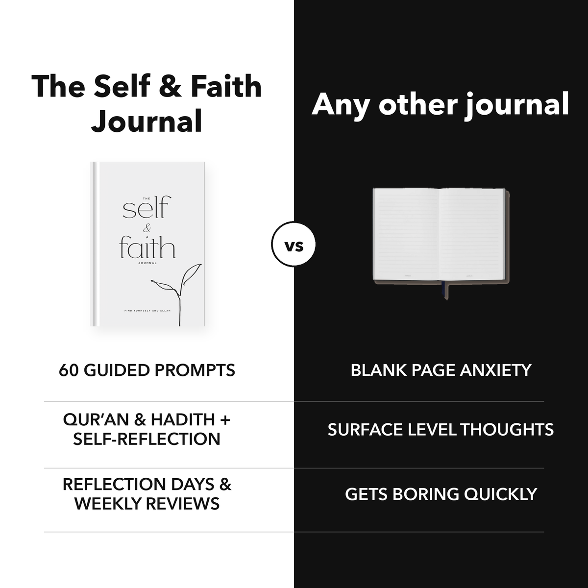 The Self and Faith Journal Pure White compared with a blank journal - 60 guided prompts, Qur'an and Hadith, Reflection Days and Weekly Reviews #color_pure-white