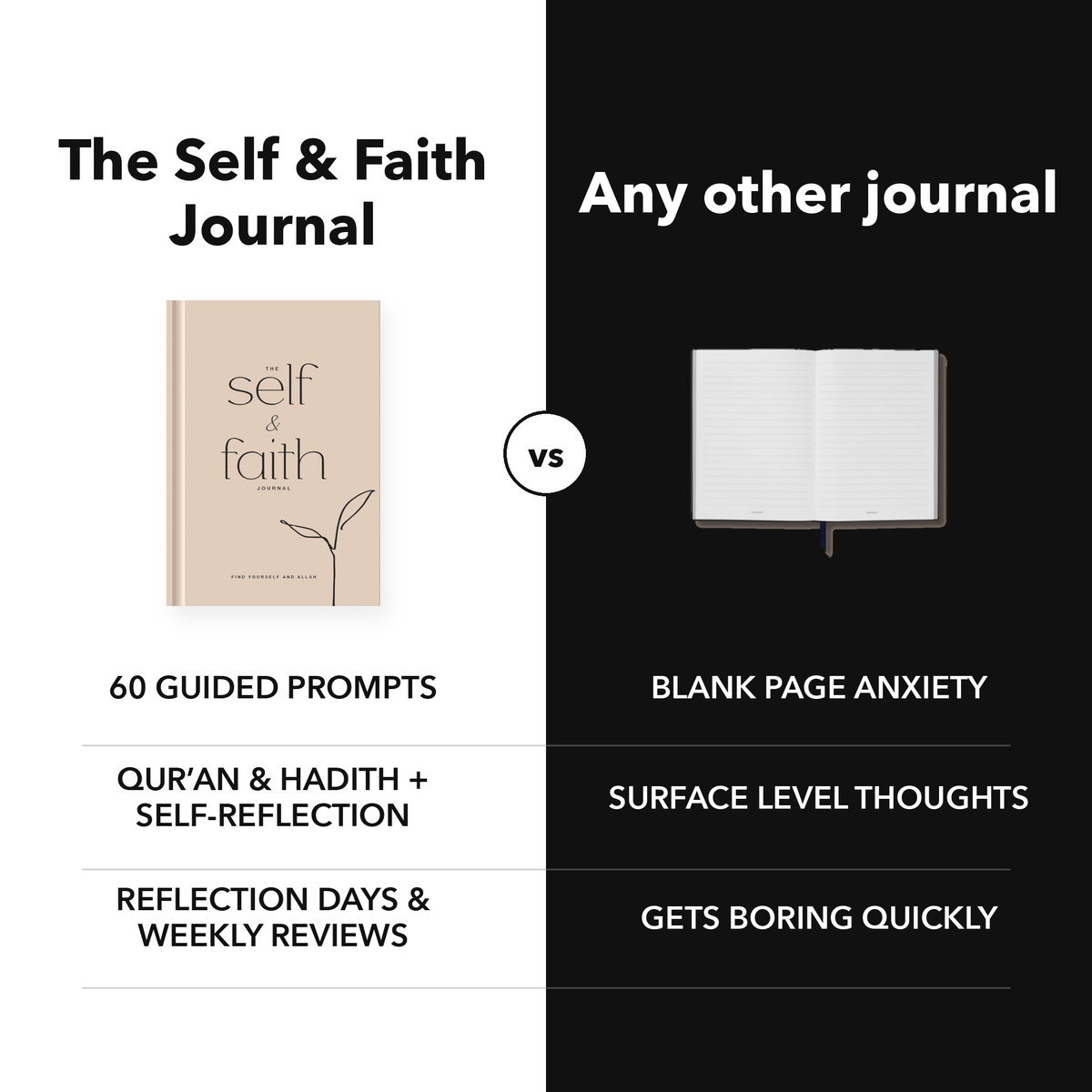The Self and Faith Journal Beige compared with a blank journal - 60 guided prompts, Qur'an and Hadith, Reflection Days and Weekly Reviews #color_beige