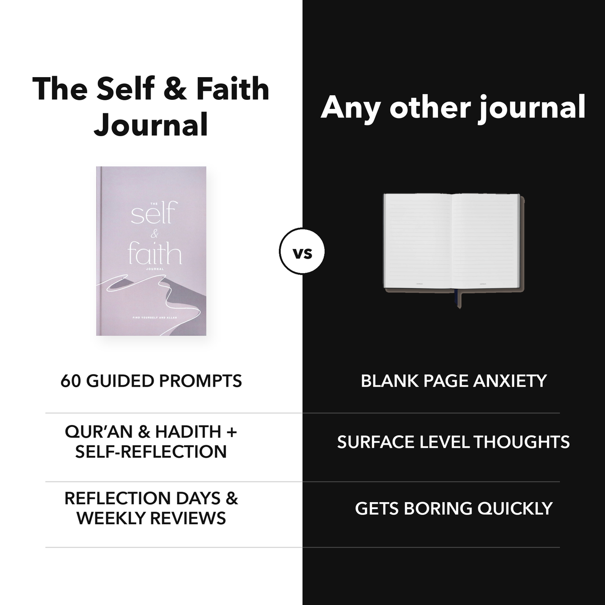 The Self and Faith Journal Limited Edition compared with a blank journal - 60 guided prompts, Qur'an and Hadith, Reflection Days and Weekly Reviews #color_limited-edition
