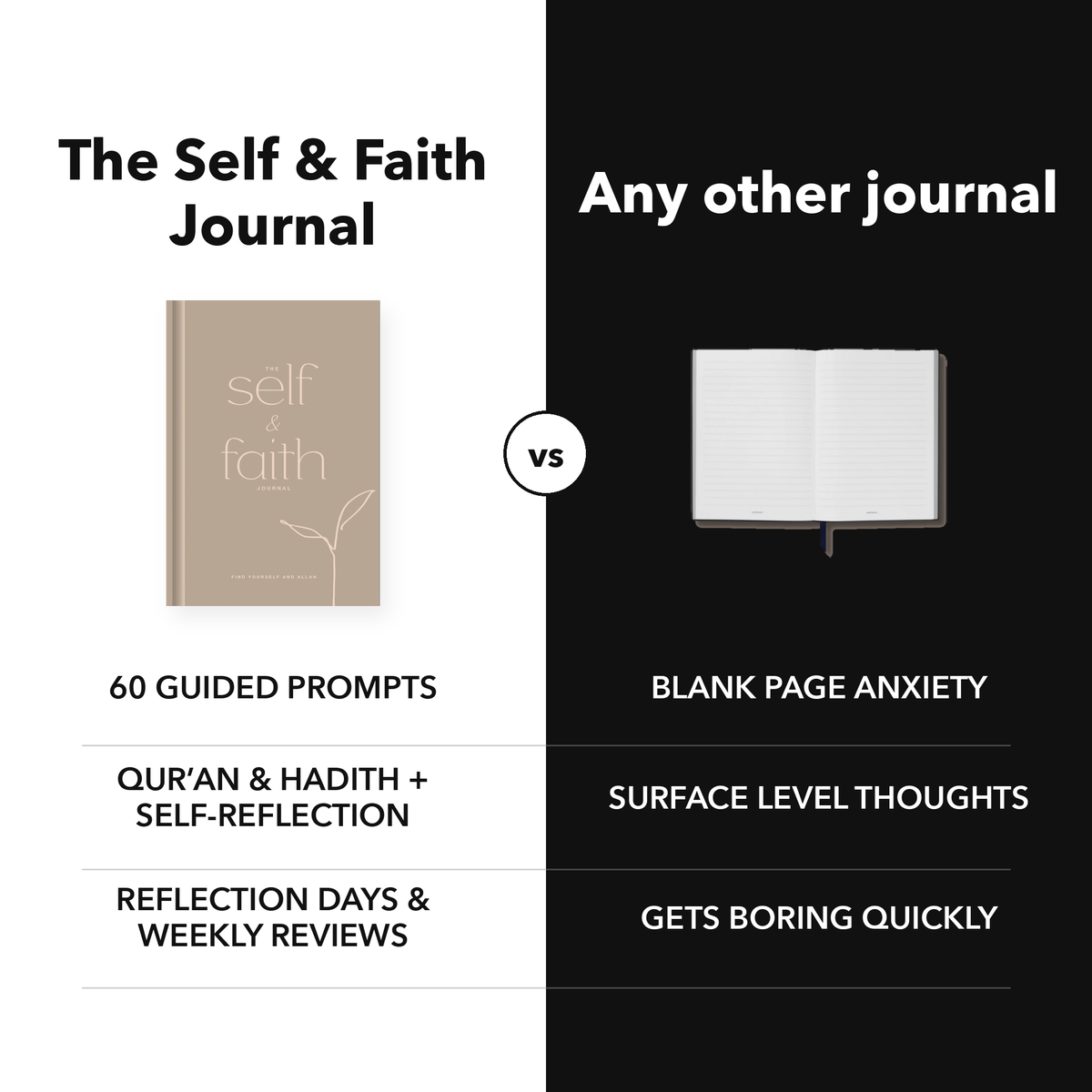 The Self and Faith Journal Vanilla Latte compared with a blank journal - 60 guided prompts, Qur'an and Hadith, Reflection Days and Weekly Reviews #color_vanilla-latte