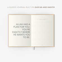The Self and Faith Journal Vanilla Latte open spread - Allah has a plan for you page and a reflection prompt, a guided journal built on Qur'an and Hadith #color_vanilla-latte