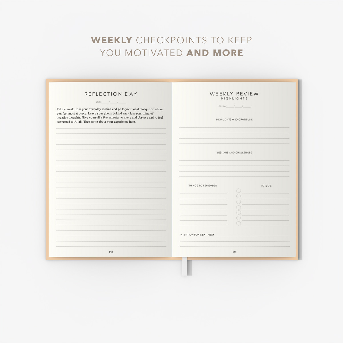 The Self and Faith Journal Bold Black weekly checkpoints and reflection day pages - Islamic journal for motivation #color_bold-black