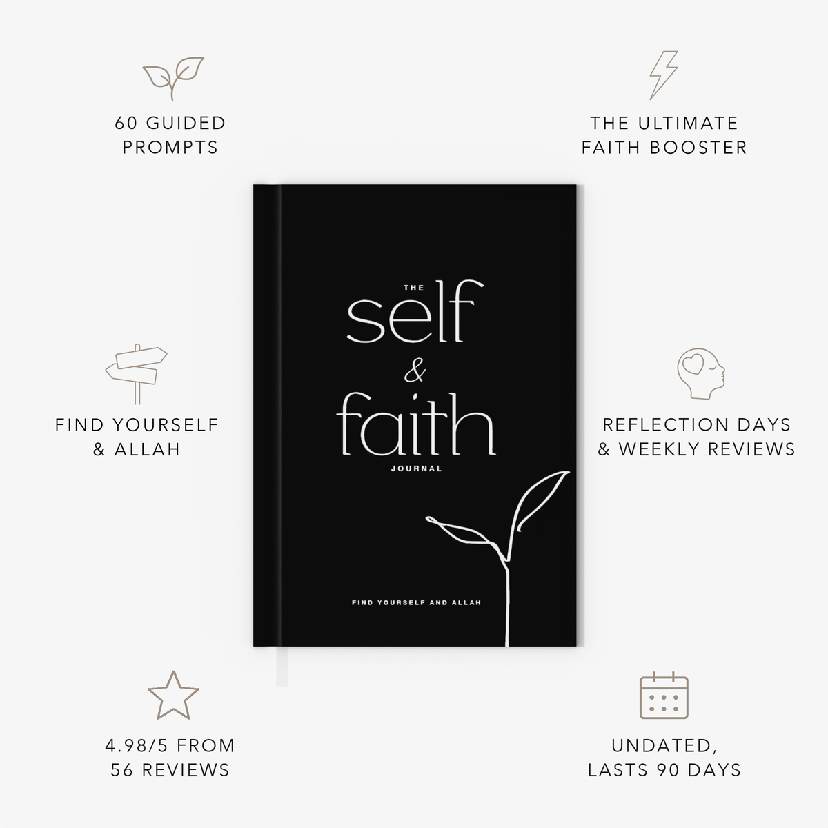 The Self and Faith Journal Bold Black - 60 guided prompts, Reflection Days and Weekly Reviews, 4.98/5 from 56 reviews, undated and lasts 90 days #color_bold-black