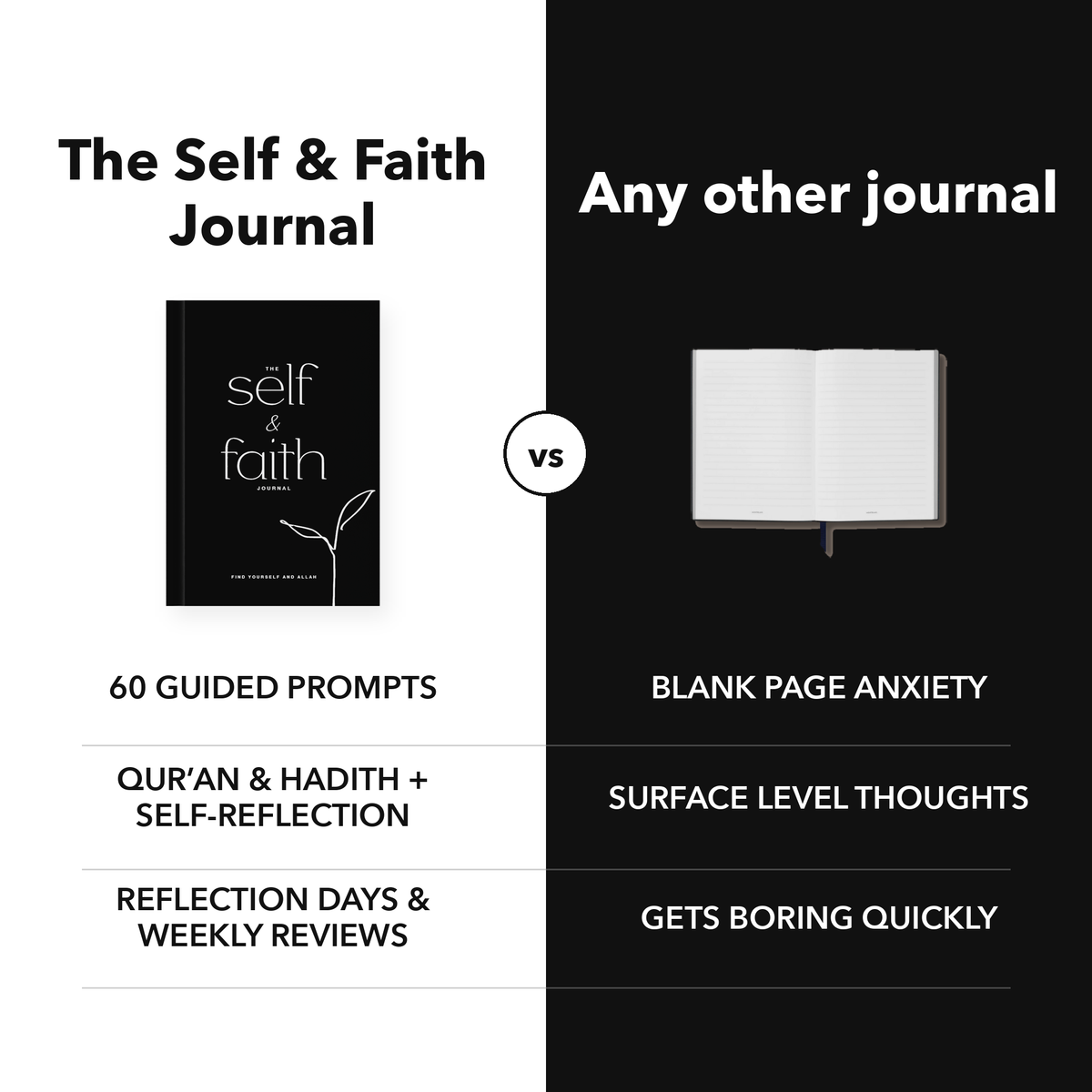 The Self and Faith Journal Bold Black compared with a blank journal - 60 guided prompts, Qur'an and Hadith, Reflection Days and Weekly Reviews #color_bold-black